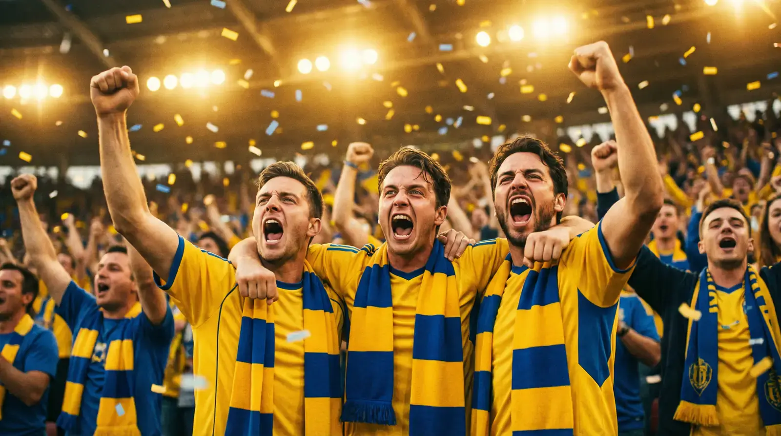 Fotbollsfans firar ett mål med flaggor och halsdukar på en fullsatt läktare