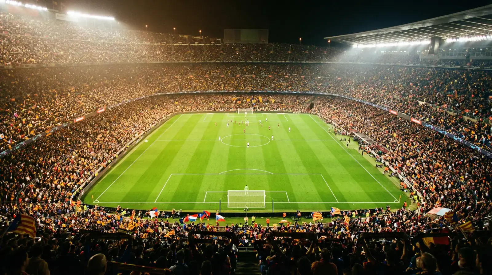 Fullsatt fotbollsstadion under en VM-match med grönt gräs och strålkastare i kvällsljus