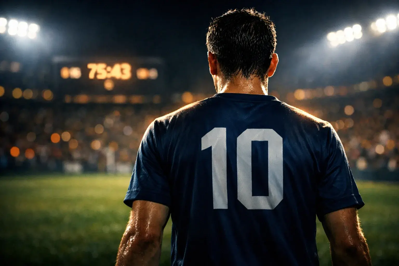 Fotbollsspelare i närbild framför en resultattavla under en kvällsmatch