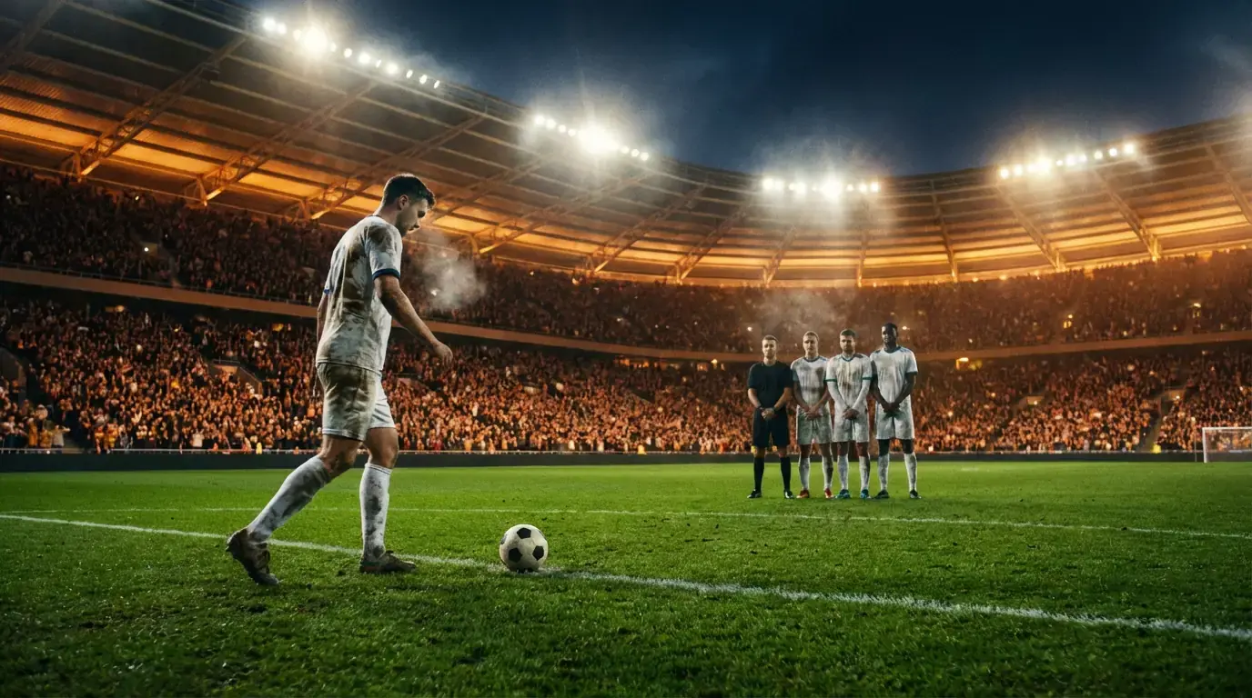 Fotbollsspelare tar en frispark på en stor arena med publikhav i bakgrunden