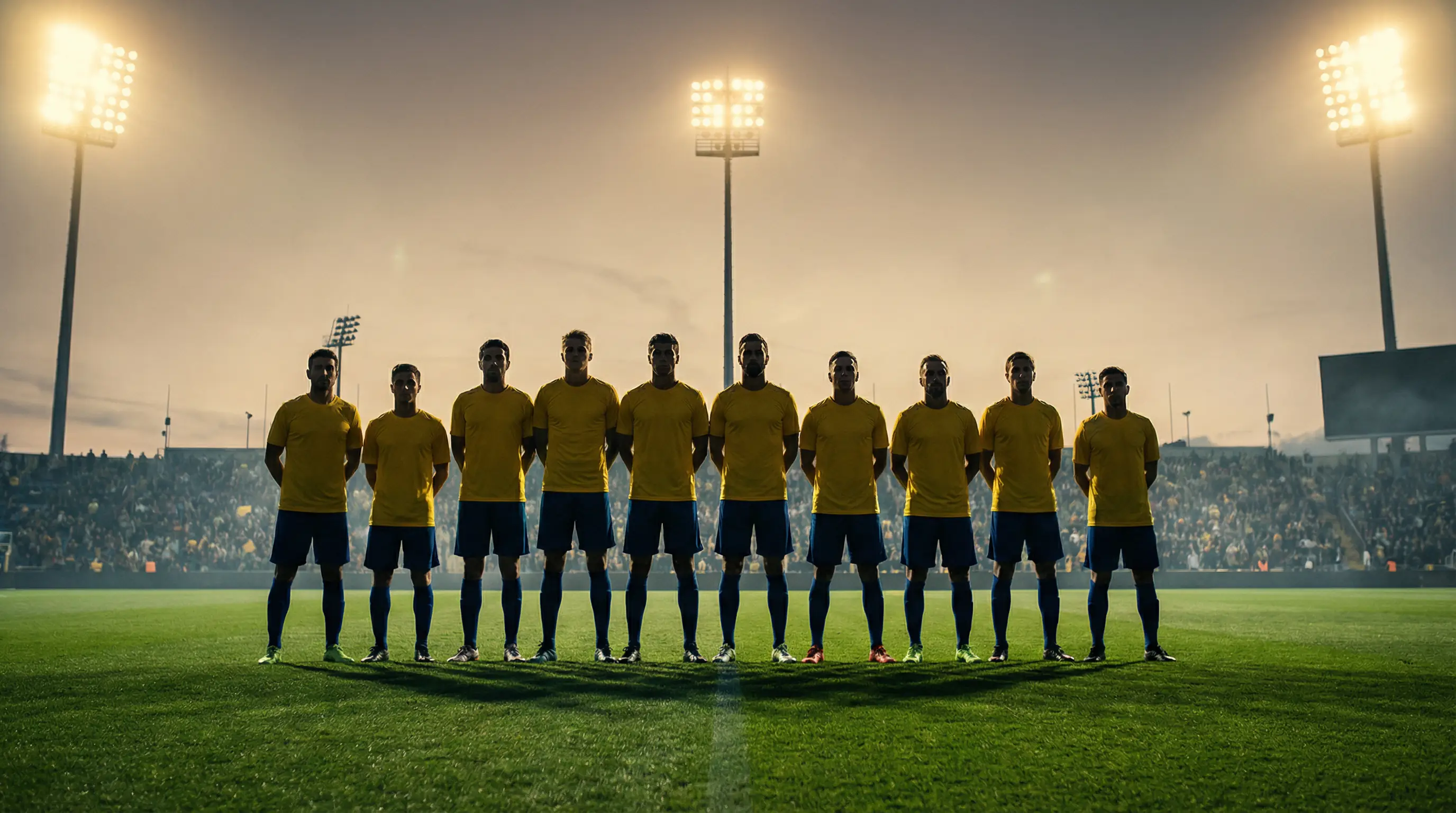 Fotbollsspelare i gula och blå tröjor ställer upp på grönt gräs inför en kvällsmatch