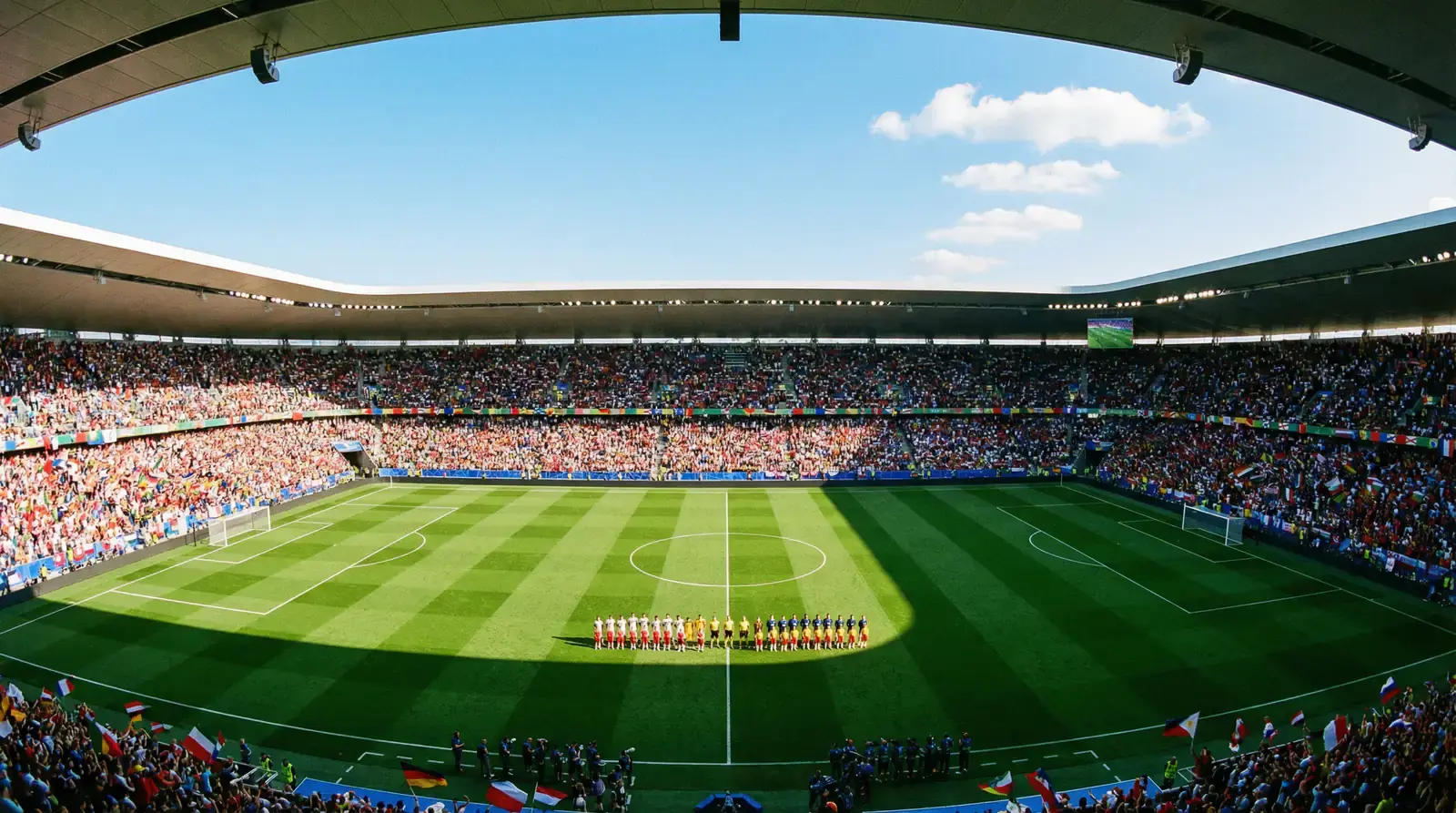 Panoramavy över en stor fotbollsarena med lag som ställer upp inför en VM-gruppspelsmatch